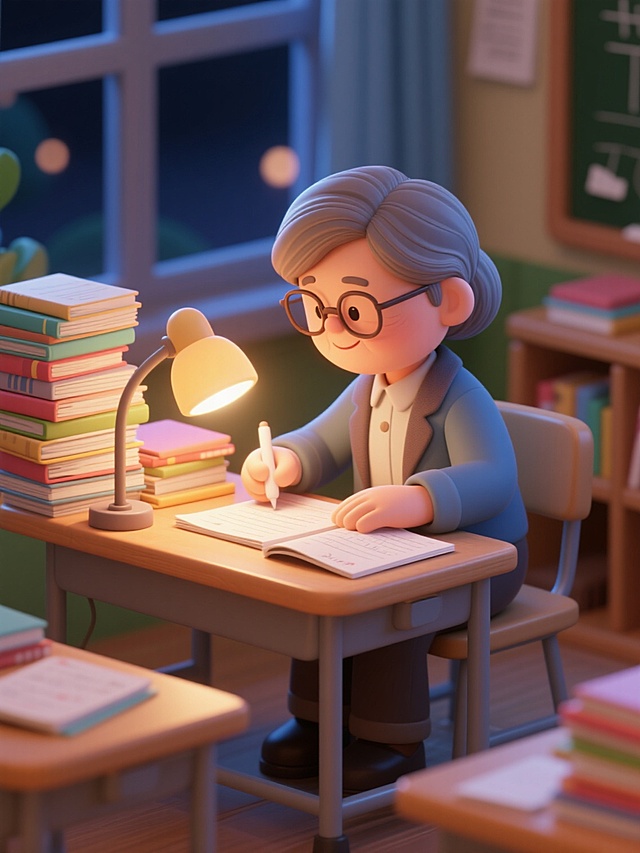 教师节场景，深夜，老师坐在书桌前为学生批改作业，桌子上堆满了作业本，台灯的灯光柔和地照在老师的发梢上，老师表情慈祥，温暖的氛围，8k，超高清