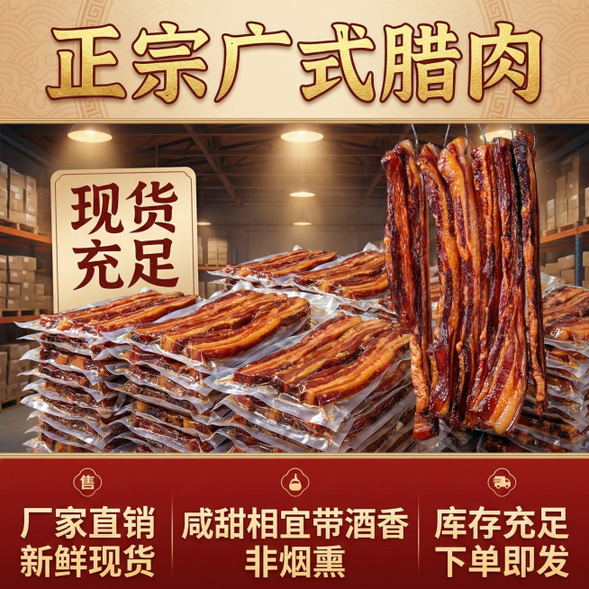 这张图片是产品主体这款产品是广式加瘦腊肉 我需要设计20张主图在拼多多上面售卖    主图场景布局可以用厨房 炒腊肉 腊肉细节等设计一个高级有食欲一些主图文案内容 正宗广式腊肉 厂家直销 新鲜现货 咸预览效果