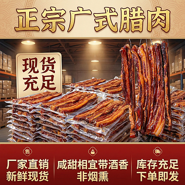 这张图片是产品主体这款产品是广式加瘦腊肉 我需要设计20张主图在拼多多上面售卖    主图场景布局可以用厨房 炒腊肉 腊肉细节等设计一个高级有食欲一些主图文案内容 正宗广式腊肉 厂家直销 新鲜现货 咸甜相宜带酒香  腊味煲仔饭 小炒 蒸饭 外卖 非烟熏 广式去皮腊肉 糖酒风味 食堂餐厅批发  肥瘦相间 传统工艺 正规新鲜  嚼有回香 口感爽脆