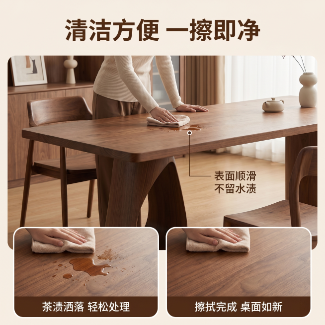 [主图6] 新中式实木茶桌清洁方便功能演示图；[氛围风格] 温馨舒适家居治愈风，拼多多直白高性价比风格；[画质] 商业摄影质感，光线柔和通透，演示画面清晰真实，画面干净高级；[元素] 茶桌放置在统一暖预览效果