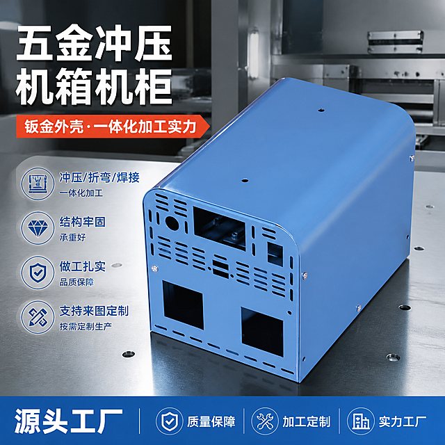 「图片1」，生成一套主图（5张），详情页2张商品名称是钣金厂家加工五金冲压机箱机柜 ，卖点是激光切割加工，尺寸精准 冷轧钢板/不锈钢材质可选  支持冲压、折弯、焊接一体化加工 表面喷塑处理，防腐防锈  结构牢固，承重性能好  支持来图来样定制  OEM/ODM生产加工，风格是工厂实力风，适配爱采购平台，主图比例为1:1