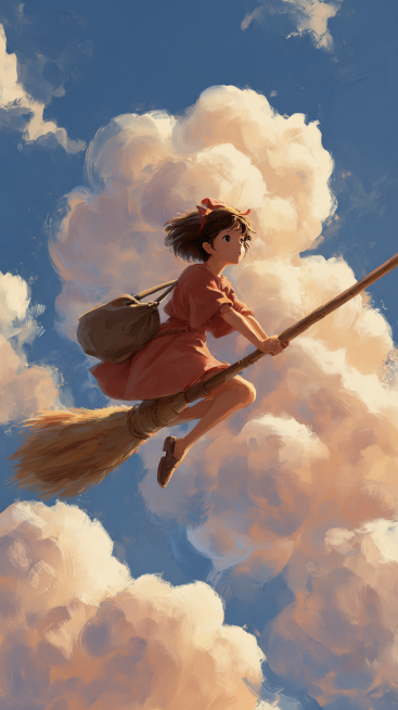 生成宫崎骏风格的 少女骑着魔法扫把在天上飞的图片预览效果