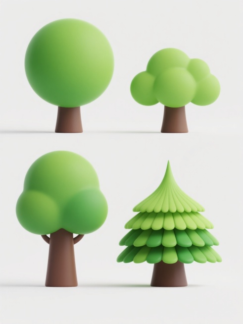 3D卡通风插画，白色背景，四棵不同品种样式外观的树木整齐排列，每棵树拥有圆润蓬松的树冠造型，树干呈深棕色渐变且底部略宽顶部稍细，树冠采用明亮的绿色系渐变填充并带有自然的光影过渡，第一棵树为经典圆球形绿叶树冠，第二棵树树冠呈云朵状边缘带波浪弧度，第三棵树为多层叠嶂的扇形叶片造型，第四棵树树冠顶部有明显的尖状凸起，整体画面保持简洁明快的卡通风格，所有树木间距均匀形成对称平衡的构图，不包含任何文字、……预览效果