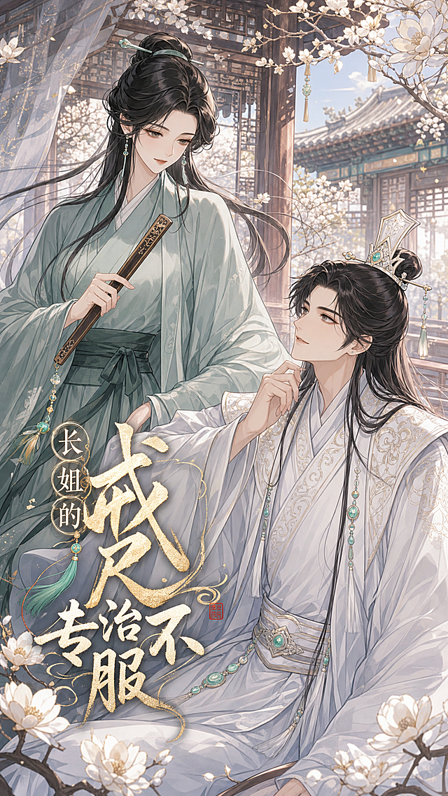 华丽古风漫画封面，9:16竖版，包含图片中的古风长姐和弟弟两个人物，人物之间有互动，长姐手持戒尺，整体背景为古雅古风庭院，非纯白色背景，画面饱满无留白，无英文，添加书名“长姐的戒尺专治不服”，华丽国风漫画风格