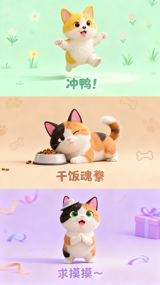 软3D风格萌宠拟人化设计，结合毛发生长质感与清新梦幻背景，展现可爱卡通猫咪的生动表情与趣味互动，传递节日欢愉氛围。