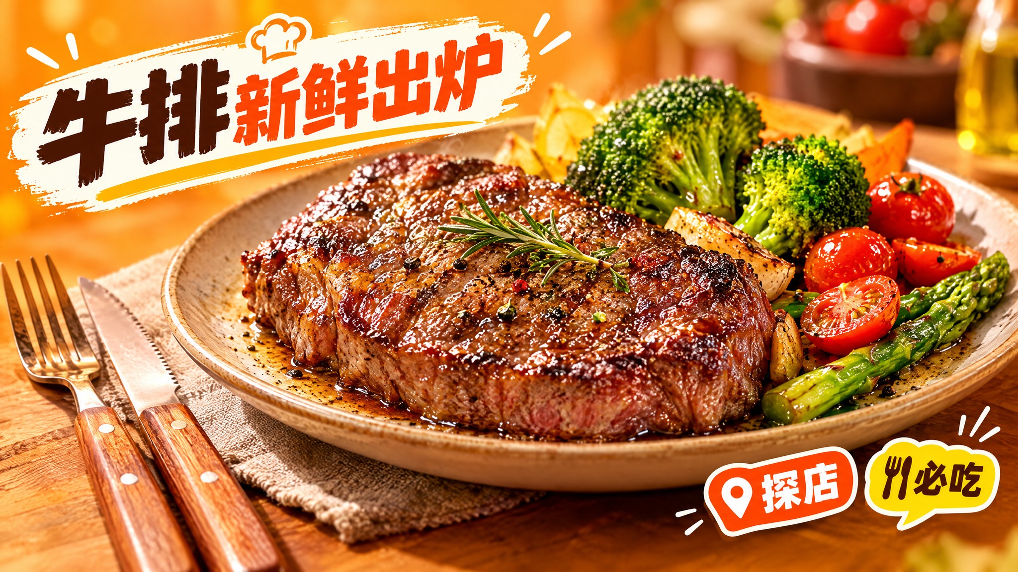 活力美食风格，暖橙色背景，画面中心是一盘色泽诱人的牛排，牛排表… - 图片创意预览