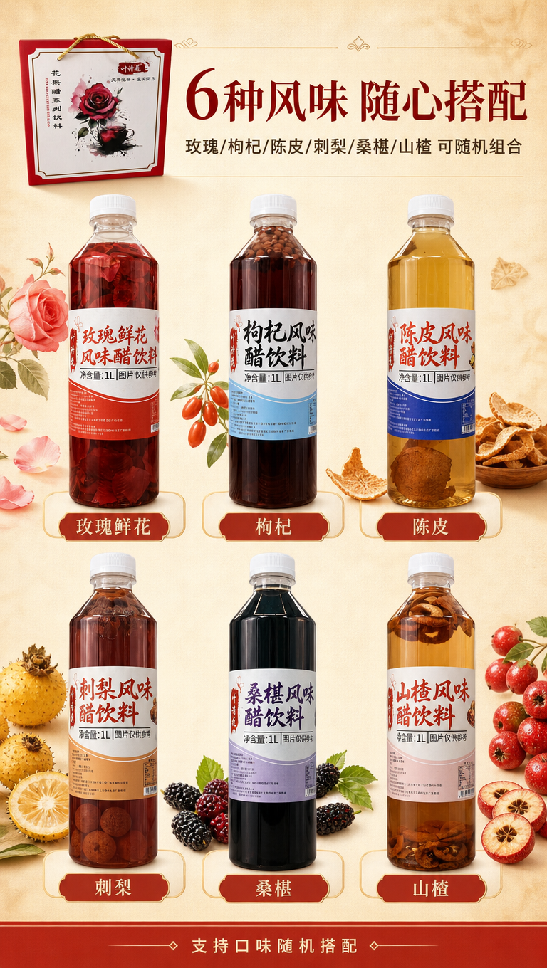 [商品] 使用【图1】6瓶花果醋（玫瑰鲜花、枸杞、陈皮、刺梨、… - 图片创意预览