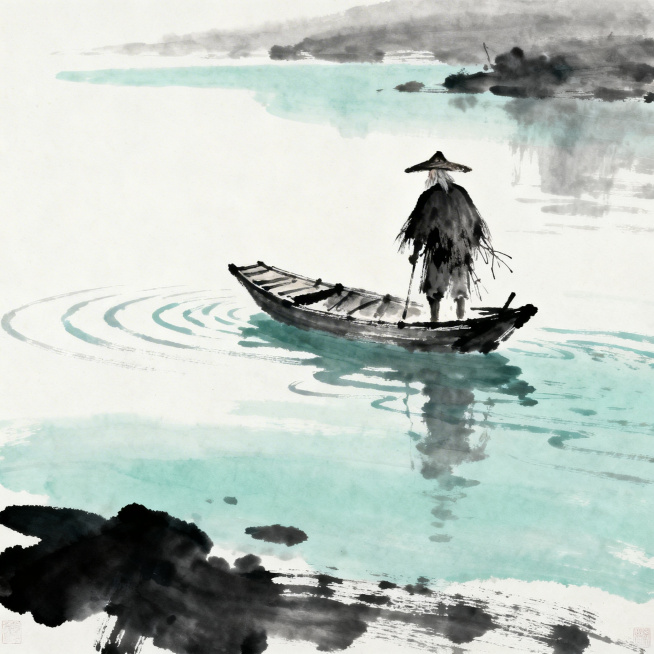 水墨风格，冷色调，孤舟蓑笠翁，江面上一艘孤单的小船，船上站着一位身披蓑衣头戴斗笠的老翁，整体冷调静谧氛围，元素简洁干净预览效果
