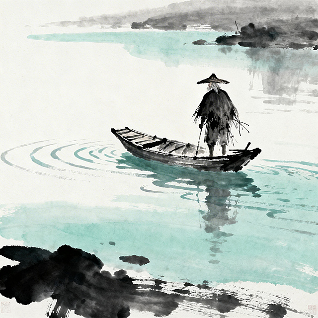 水墨风格，冷色调，孤舟蓑笠翁，江面上一艘孤单的小船，船上站着一位身披蓑衣头戴斗笠的老翁，整体冷调静谧氛围，元素简洁干净