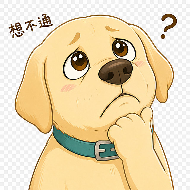 裁剪出第九个狗狗，放大狗狗让狗狗充满整个240*240图片，四周无边距，将文字“想不通”和问号“?”缩小放在合适位置紧靠狗狗，保持是这只浅黄拉布拉多表情包，PNG透明背景，尺寸240像素×240像素