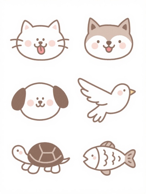 一套6个不同造型的动物头像系列素材集合，采用简约可爱的手绘线条风格，轮廓线条粗细均匀，带有轻微的笔触质感，每个动物都有圆润的面部轮廓和简化的五官，表情生动友好，白色纯色背景，规整排布成两行三列，包含一只吐舌的猫、一只咧嘴笑的狗、一只竖耳的狐狸、一只展翅的鸟、一只缩头的乌龟和一条摆尾的鱼，整体色彩明快柔和。预览效果