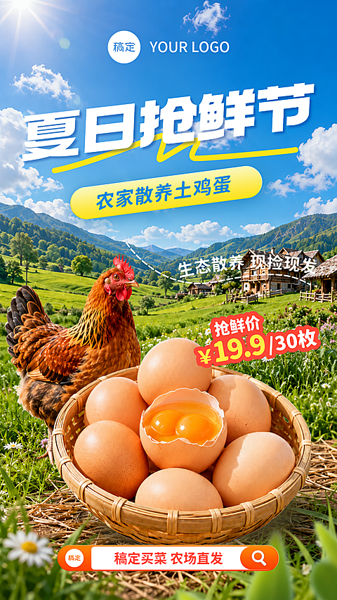 夏日商品零售生鲜抢鲜节鲜鸡蛋优惠促销宣传推广手机海报