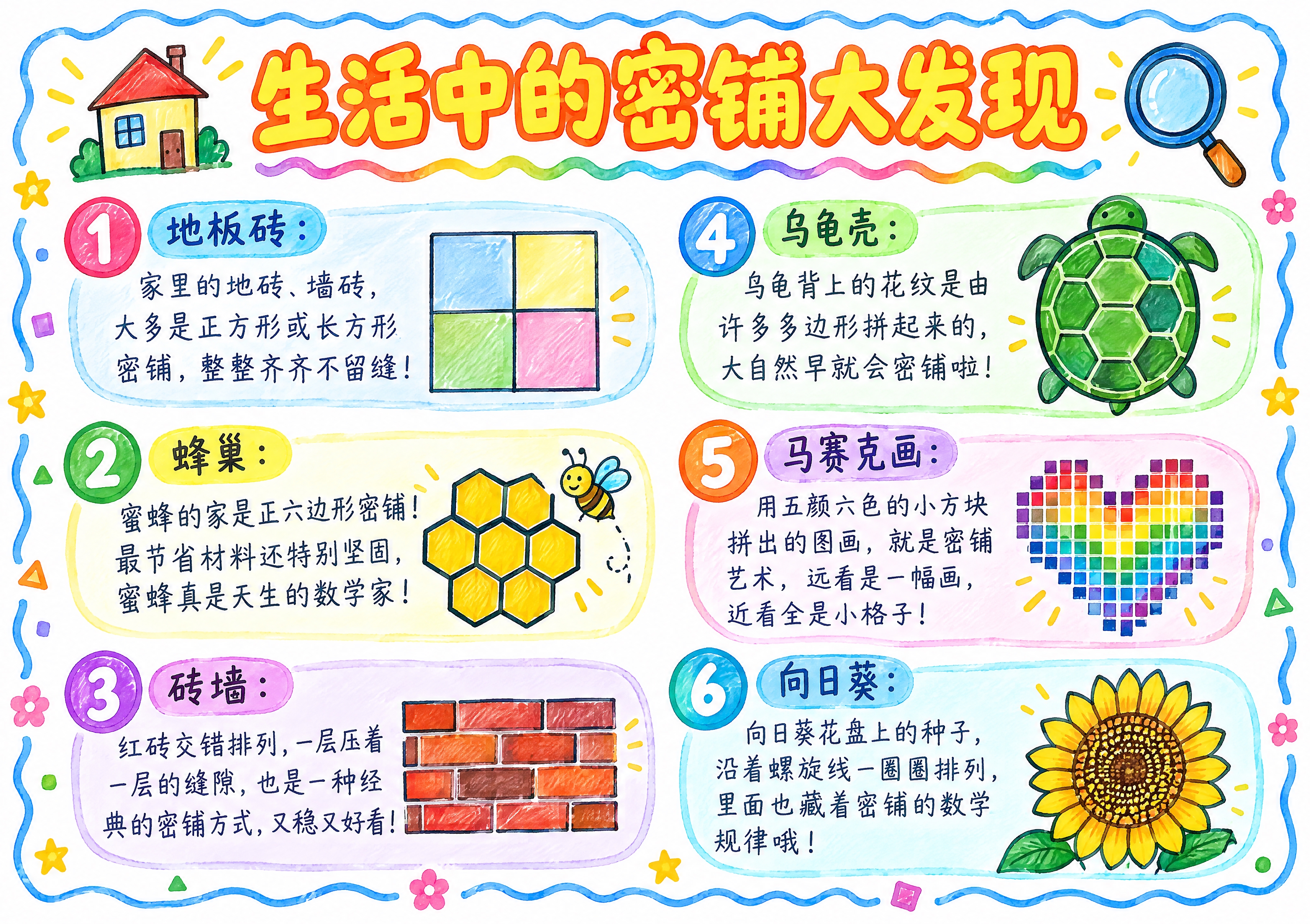 A4横版手抄报，主题为"生活中的密铺大发现"，纯白色背景，白纸… - 图片创意预览