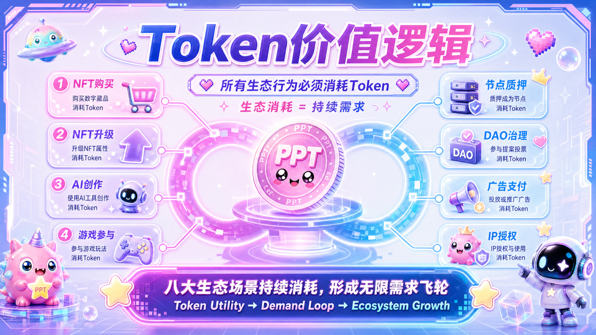 PPT Token价值逻辑页面，说明：所有生态行为必须消耗Token，包含NFT购买、NFT升级、AI创作、游戏参与、节点质押、DAO治理、广告支付、IP授权，形成无限需求，保持Y2K Kawaii粉预览效果