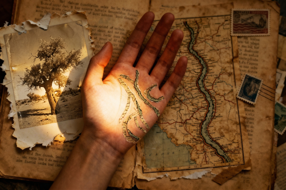 拼贴艺术风格，将左边位置替换为一棵胡杨树的照片，一束光从左侧照亮，老照片剪贴，带有毛边撕纸痕迹，掌纹用旧地图河流线条拼贴，背景是泛黄书页和邮票碎片，整体复古色调，充满手工剪贴质感，光线聚焦中心预览效果