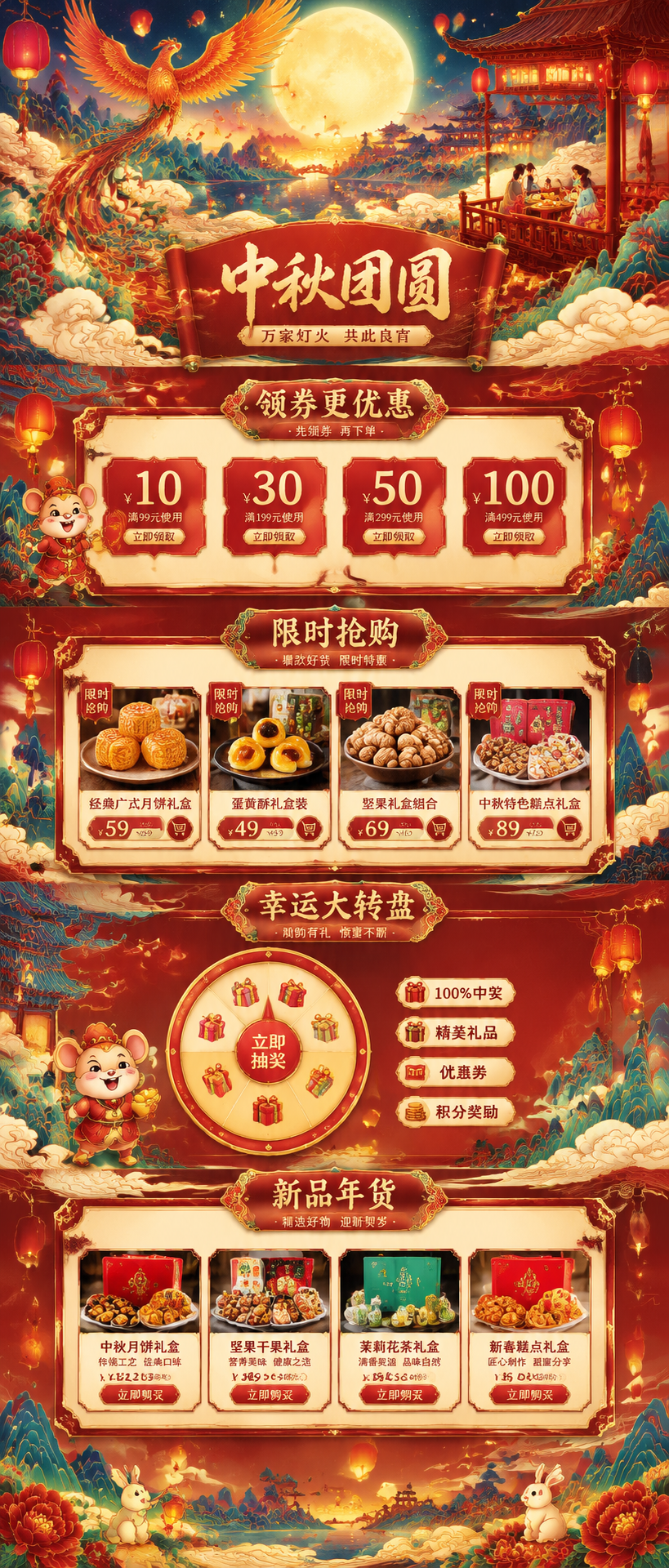 电商淘宝年货节全屏长首页海报，新中式国潮插画风格，主题是中秋，… - 图片创意预览