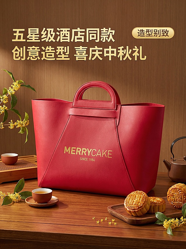 [主图 1 首图] 主图主题：喜庆红色月饼礼品袋首图
氛围风格：喜庆中秋佳节氛围，高端质感，1688源头工厂风格
画面元素：保持原红色月饼袋外观100%一致，产品居中放大，放置在中式木纹茶桌背景上，旁边点缀新鲜月饼和桂花枝条，柔和自然光营造温馨质感，背景简洁不杂乱
配色色系：主色调正红，辅助色原木色、金色，整体喜庆高档
视角构图：平视视角，产品主体占据画面中心50%-70%，景深适中
文字版式：左上角悬浮主标题"五星级酒店同款"，副标题"创意造型 喜庆中秋礼"，右上角金色胶囊标签"造型别致"，字体为无衬线粗体，金色字体，保持文字不遮挡产品主体
比例分辨率：2k分辨率
