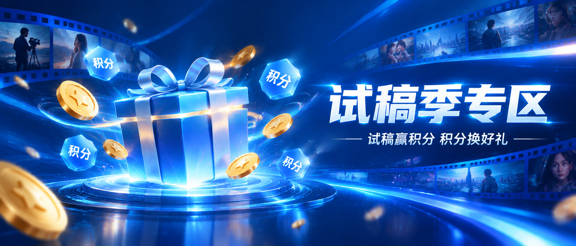 科技简约风积分商城banner，深蓝色渐变背景，精细化科技感光… - 图片创意预览