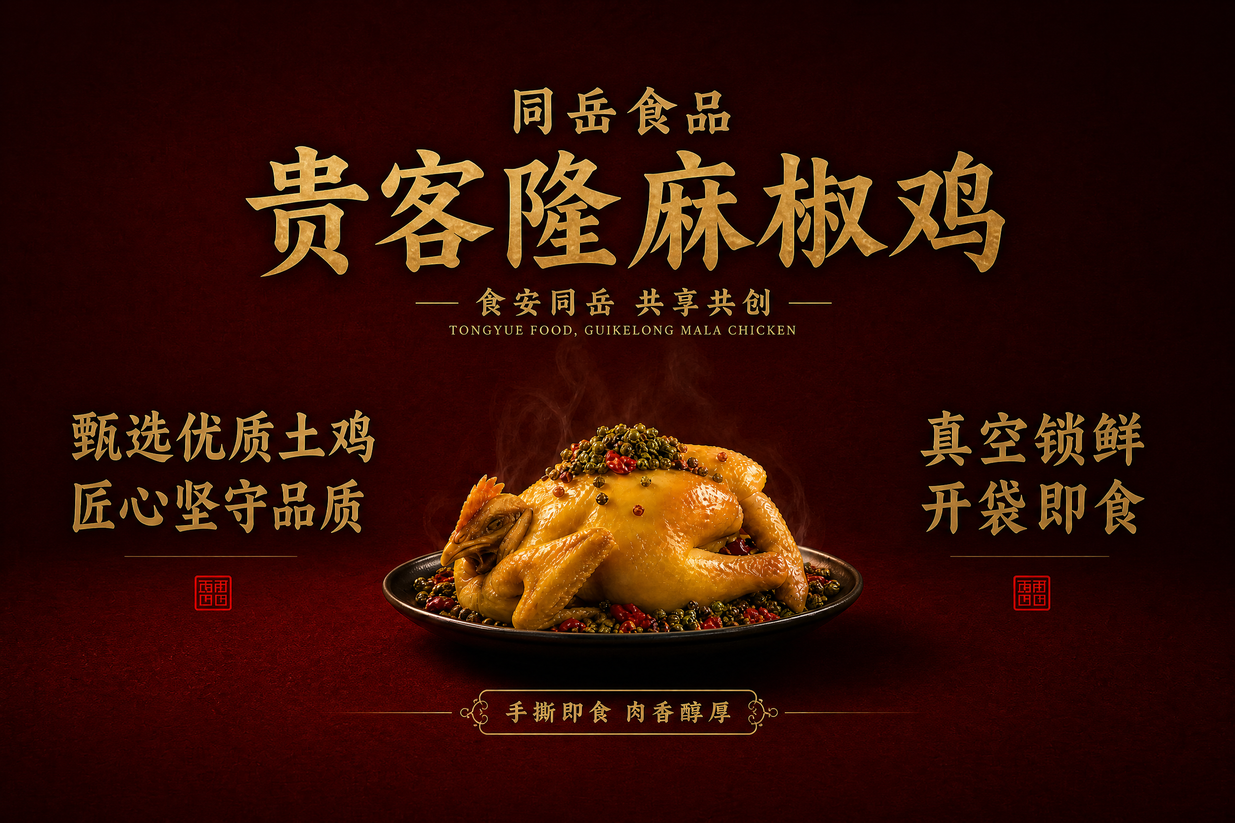 横版高端麻椒鸡电商主图，深红色高级哑光背景，中间麻椒鸡大小适中… - 图片创意预览