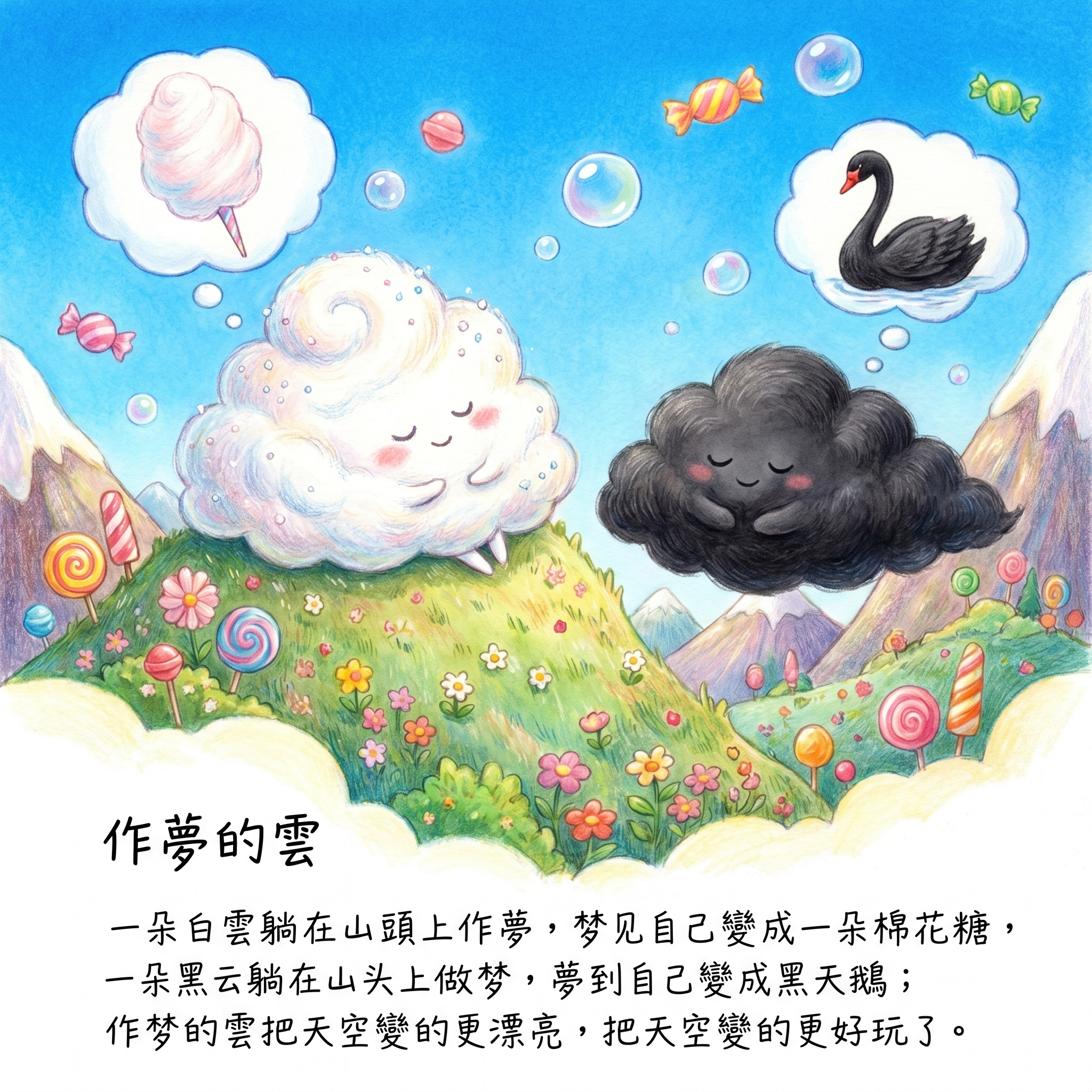 童话风格插画，山头上躺着一朵白云，白云像棉花糖一样柔软，旁边不… - 图片创意预览