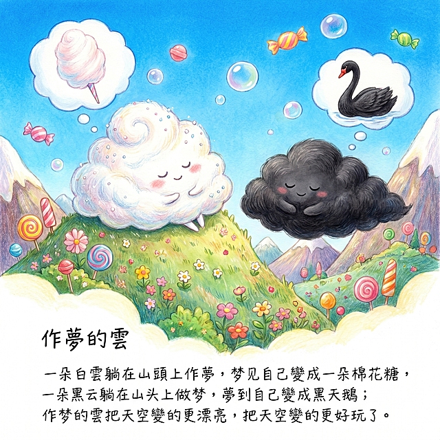 童话风格插画，山头上躺着一朵白云，白云像棉花糖一样柔软，旁边不远处躺着一朵黑云，天空湛蓝明亮，整体氛围梦幻童趣，色彩清新温暖，画面充满想象力，文字：作夢的雲，一朵白雲躺在山頭上作夢，梦见自己变成一朵棉花糖，一朵黑云躺在山头上做梦，夢到自己變成黑天鵝；作梦的雲把天空变的更漂亮，把天空變的更好玩了。