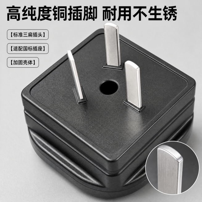 [主图-3] 相位检测仪插头细节特写主图。
[氛围风格] 硬核细节展示，突出材质工艺
[画质] 微距商业摄影，超高清细节，质感锐利
[元素] 产品插头部分特写放大，展示金属插脚的材质和工艺。保持产品插预览效果