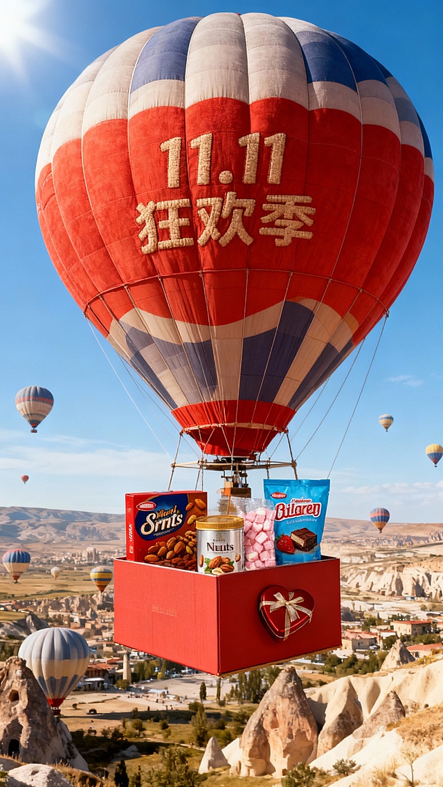 一个带有主体配色的大型热气球，吊篮为礼盒样式，礼盒里放着图中所有物品，气球上绣着“11.11 狂欢季”，背景为土耳其热气球场景，营造出活泼、精致的氛围。