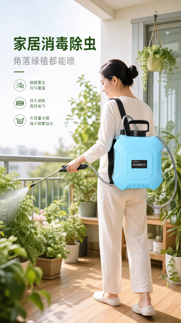 [第6屏] 家居环境消毒场景展示，电动喷雾器室内消毒杀菌使用场景。
[氛围/风格] 干净整洁家居场景，清新明亮风格，生活化真实质感，绿色清新氛围。
[元素布局] 本屏使用【图1】产品，展示在阳台区域对预览效果