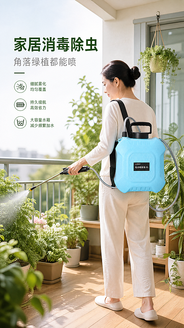 [第6屏] 家居环境消毒场景展示，电动喷雾器室内消毒杀菌使用场景。
[氛围/风格] 干净整洁家居场景，清新明亮风格，生活化真实质感，绿色清新氛围。
[元素布局] 本屏使用【图1】产品，展示在阳台区域对家居绿植消毒场景，人物单肩背负喷雾器，正在给阳台盆栽绿植和角落喷洒消毒，背景有阳台护栏、木质地板，几盆绿植盆栽，整体干净整洁，保持喷雾器产品结构颜色和输入图一致。产品单肩背负在人物身上，人物手持喷杆操作动作自然，产品占画面约50%，场景层次分明。
[光影质感] 室内柔和自然光，光线均匀明亮，产品和人物清晰，阴影柔和自然。
[配色色系] 整体浅绿+原木浅色调，产品浅蓝色自然融入，主文案深绿色，清晰不突兀。
[视角构图] 中景构图，人物操作位置在画面中心偏右，左侧留白放文案，背景阳台虚化，突出产品使用场景。
[文字版式] 左侧文字区域，主标题「家居消毒除虫」，深绿色主标题，副标题「角落绿植都能喷」浅灰色，文字清晰不遮挡核心操作区域。
[比例分辨率] 9:20竖版比例，4K分辨率，文字清晰。
[负向提示词] 产品变形，结构错误，颜色偏差，场景脏乱，文字模糊，遮挡主体。
