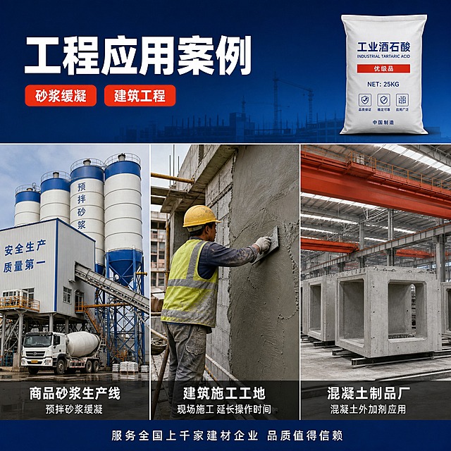 [主图-4] 应用案例图，展示工业酒石酸在实际工程与砂浆场景中的应用案例。
[统一基调] 国内B端工业建材风格，真实工程案例感，背景主色为深蓝渐变+工地场景融合，标题字色为白色，强调色为橙红色，辅助字色为白色/浅灰，字体为粗黑无衬线体，上部大标题+下部多案例宫格的上下满版结构。
[画面] 上部约占30%，深蓝色渐变背景，左侧为白色大标题「工程应用案例」，下方配2个橙红色短标签「砂浆缓凝」「建筑工程」。右侧放工业酒石酸包装袋小图。下部约占70%，为3个案例场景宫格横排：左格「商品砂浆生产线」展示大型砂浆搅拌站场景，有砂浆生产设备和料仓，配标签「预拌砂浆缓凝」；中格「建筑施工工地」展示工地现场工人抹灰施工场景，配标签「现场施工 延长操作时间」；右格「混凝土制品厂」展示混凝土预制件生产场景，配标签「混凝土外加剂应用」。3个场景均为真实工程摄影风格，色调统一偏工业暖灰。每个宫格底部有半透黑底白字标签。最底部通栏小字「服务全国上千家建材企业 品质值得信赖」。
[光影质感] 真实工程摄影质感，各场景光线自然，产品与场景融合自然，整体色调统一有工业感。
[配色] 上部深蓝背景，标题白色，标签橙红；下部3宫格各场景有环境色但整体统一，标签半透黑底白字。
[文字版式] 上部标题居左，产品小图居右；下部3宫格横排等宽，每格底部配标签，底部通栏小字居中。
[输出要求] 1:1正方形2048px，3个案例场景清晰真实，文字无错字，无水印无平台Logo，案例有说服力。
