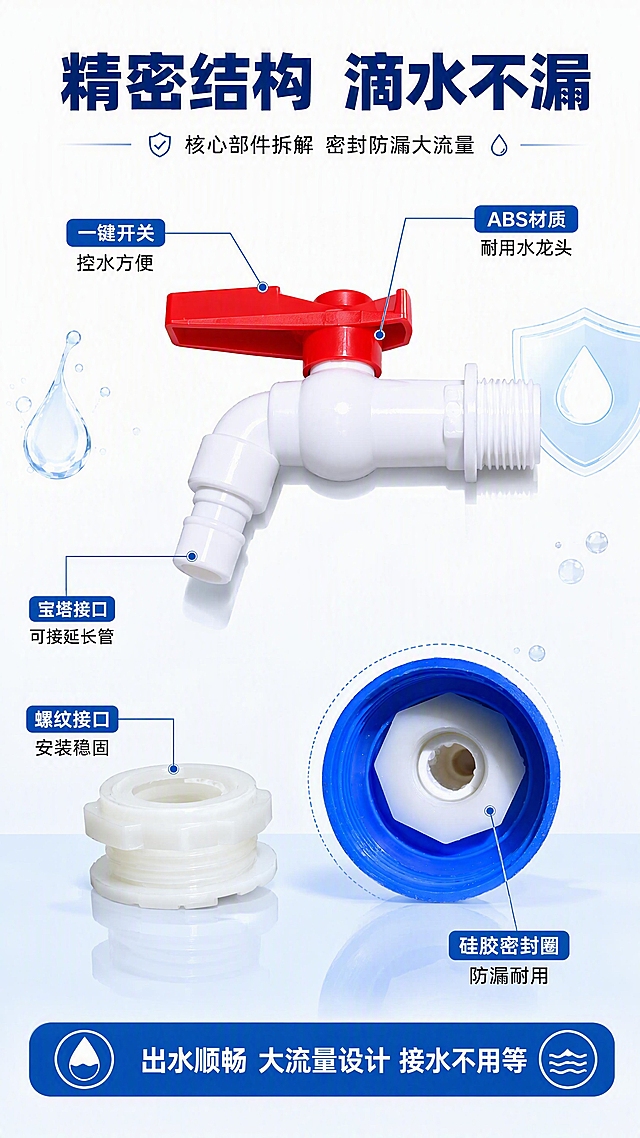 [第4张] 详情页结构解析——核心部件拆解 密封防漏大流量。本张使用【图2】作为配件拆解主体（水龙头+白色接头），【图9】作为内部密封结构参考。
[氛围/风格] 结构拆解风，科技感+实用感，白底+蓝色信息条，商业产品摄影质感。
[元素布局] 画面中心偏上位置展示水龙头主体（白色弯管+红色开关手柄），左下方展示白色螺纹接头配件，右下方展示内部密封结构特写（六边形白色螺母+密封圈）；三个部件呈三角分布，用细线引线标注各部位名称；背景为纯白色渐变，底部有淡蓝色台面反光；每个部件的形状、颜色、结构与输入图一致；周围点缀水滴图标、密封图标装饰。
[光影质感] 四周均匀布光，每个部件都有清晰轮廓和材质质感，白色塑料有光泽，红色开关鲜艳突出，底部有柔和倒影。
[配色色系] 全局底色 #FFFFFF 纯白渐变；主色 #0D47A1 深蓝色；辅助色 #F44336 红色 + 白色产品；点缀色浅蓝信息条。
[视角构图] 俯视+平视结合的拆解构图，部件分散摆放，引线从部件指向四周文字说明，阅读动线中心向四周。
[文字版式] 顶部大标题「精密结构 滴水不漏」，黑体加粗深蓝色；引线标注：水龙头主体→「ABS材质 耐用水龙头」，红色手柄→「一键开关 控水方便」，白色接头→「螺纹接口 安装稳固」，内部密封→「硅胶密封圈 防漏耐用」，出水嘴→「宝塔接口 可接延长管」；底部信息条写「出水顺畅 大流量设计 接水不用等」。
[比例分辨率] 9:16 竖版比例，4K分辨率，文字清晰可辨，高清画质。
[负向提示词] 部件变形，结构错误，颜色偏差，水印，文字错乱，引线混乱，产品模糊。