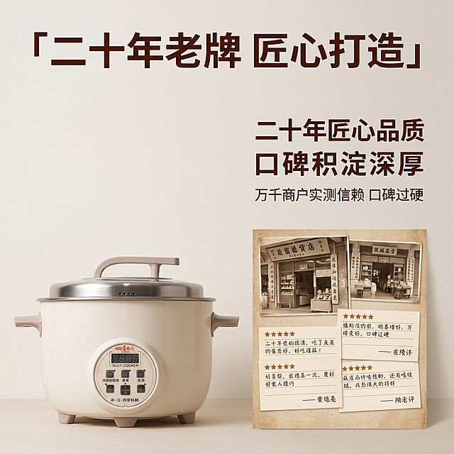 [主图-6] 二十年老牌品牌口碑展示。
[氛围风格] 怀旧专业风格，突出品牌历史积淀。
[画质] 商业摄影质感、光线柔和通透、产品清晰真实、画面干净高级。
[元素] 完整产品居中展示，保持产品外观与原图一致，左侧产品展示，右侧品牌故事展示，排版分区明确。用老门店照片缩略图和客户好评卡片元素点缀，体现二十年品牌历史和用户口碑积淀，整体排版干净不杂乱。背景浅米色简洁干净。
[光影] 均匀柔和布光，产品和文字都清晰展示，没有强烈阴影。
[配色] 浅米色背景，奶白产品，深棕色文字，温暖复古但不暗沉，对比清晰。
[视角构图] 左右分栏对称构图，平衡稳定。
[文字版式] 顶部大标题「二十年老牌 匠心打造」深棕色粗体，右侧文字：「二十年匠心品质 口碑积淀深厚 万千商户实测信赖 口碑过硬」，排版整齐易读，文字不遮挡产品主体。
[比例分辨率] 1:1比例，2k分辨率，文字清晰可辨，超高清。
[负向提示词] 变形，水印，文字错乱，产品图模糊，背景杂乱，品牌变形，禁止出现具体年份文字。