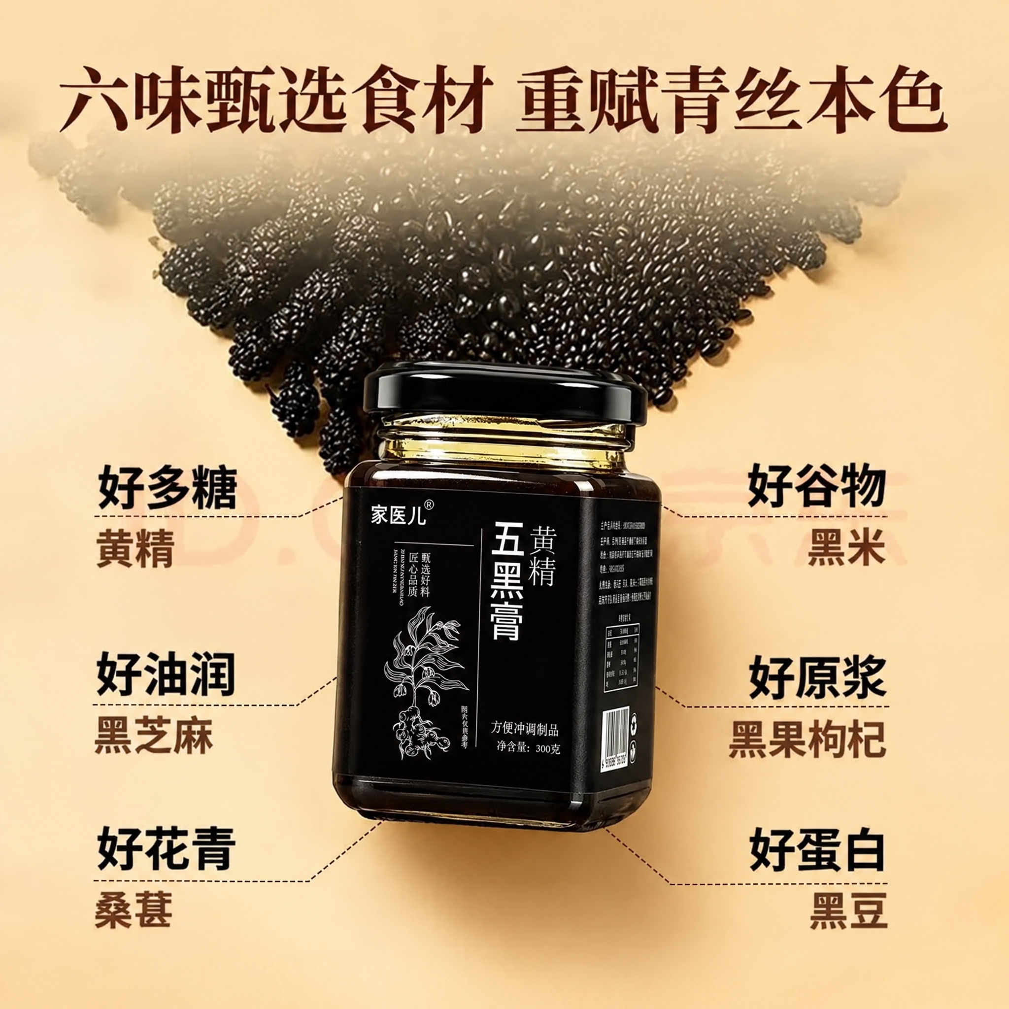 将画面中央的黑色膏方瓶替换为图3中的方瓶黄精五黑膏产品，保持产… - 图片创意预览