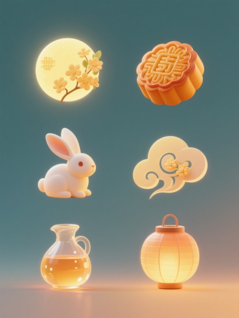 一套6张的系列素材集合，每张素材均为规整排布的单一元素图案，元素分别为中秋圆月、桂花、月饼、玉兔、祥云、一壶桂花酒，整体造型简约现代，采用纯色背景，无任何文字，无logo，无水印。图像风格为3D渲染，具有平滑的渐变色彩和柔和的光影效果，主色调为温暖的黄色和橙色，光线从中心向外柔和发散，营造出温馨明亮的氛围。元素边缘清晰，表面有细腻的纹理和光泽感，呈现出半透明的灯笼材质质感，带有轻微的光斑效果，……预览效果