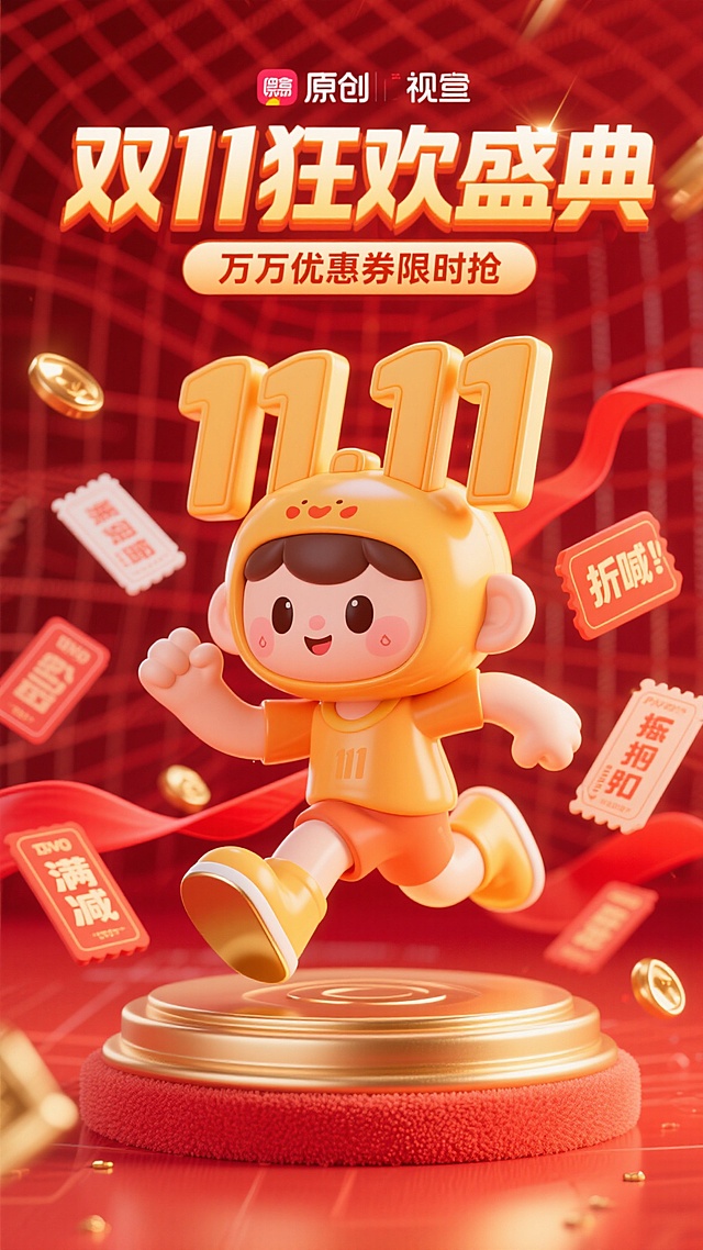 3D立体风格的11.11吉祥物，头部融合'11.11'数字元素，身体为卡通人形，四肢动态奔跑姿态，双手及身体周围环绕多张不同样式优惠券（含'满减''折扣''限时'等文字标识），红色喜庆背景带渐变效果和网格纹理，点缀金色光芒和红色飘带，上方有主标题'双11狂欢盛典'（橙黄色立体描边字体），下方小字'万千优惠券限时抢'，整体画面充满动感与节日氛围