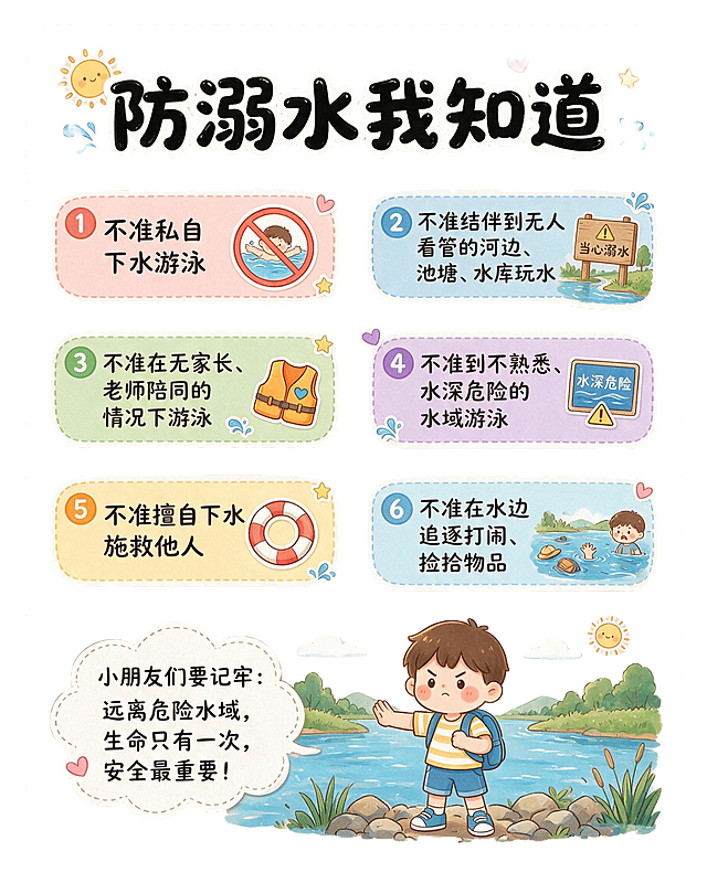 竖版儿童防溺水安全科普海报，浅米色牛皮纸质感底色，外围白色虚线装饰边框，可爱卡通手绘风格，排版宽松舒适。顶部主标题为"防溺水我知道"，采用黑色填充加白色粗描边的圆润泡泡字字体，醒目可爱。正文为六条安全守则，以图文搭配的彩色贴纸卡片形式整齐排列：1."不准私自下水游泳"配禁止游泳标识图标；2."不准结伴到无人看管的河边、池塘、水库玩水"配当心溺水警示牌图标；3."不准在无家长、老师陪同的情况下游泳"配救生衣图标；4."不准到不熟悉、水深危险的水域游泳"配水深危险警示图标；5."不准擅自下水施救他人"配救生圈图标；6."不准在水边追逐打闹、捡拾物品"配小朋友远离危险水域的警示插画。每条守则都有对应的可爱卡通小图标贴纸装饰。画面底部有小朋友站在安全区域的温馨警示插画。整体色彩温暖柔和，牛皮纸质感底色，白色虚线描边边框，版式精美，留白充足，图文搭配和谐。画面中所有文字信息必须完整清晰呈现，所有信息区域必须填充完整合理的内容，不得出现空白框或待填写区域。画面中不要出现任何二维码。