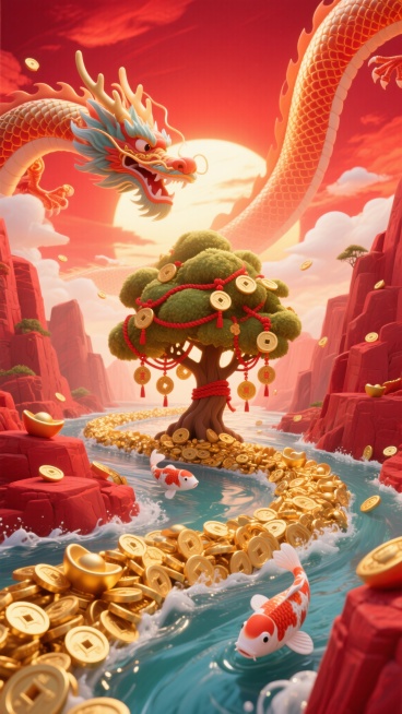 卡通风格，史诗般的场景，一条由无数金币和金元宝汇成的巨大河流在红色峡谷中奔腾流淌，天空中祥龙身影在红色霞光中若隐若现，龙鳞反射金光，河中央生长着一棵挂满红绳和铜钱的巨大发财树，光芒四射，两条锦鲤围着铜预览效果
