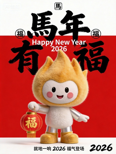 将公仔改为毛茸茸质感，站立，一手提“福”字圆柱形红金配色灯笼；背景改为红色，公仔位于画面中下部核心区域；画面上部排布大号黑色毛笔大字“馬年 有福”，笔触清晰，中间叠印白色体小字“Happy New Y预览效果