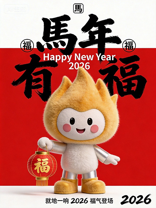 将公仔改为毛茸茸质感，站立，一手提“福”字圆柱形红金配色灯笼；背景改为红色，公仔位于画面中下部核心区域；画面上部排布大号黑色毛笔大字“馬年 有福”，笔触清晰，中间叠印白色体小字“Happy New Year 2026”，背景文字两侧点缀圆形“福”字标识，画面顶部有小型“馬”字图形标识，底部有黑色很小的字“就地一响 2026 福气登场”，其中2026为毛笔字体