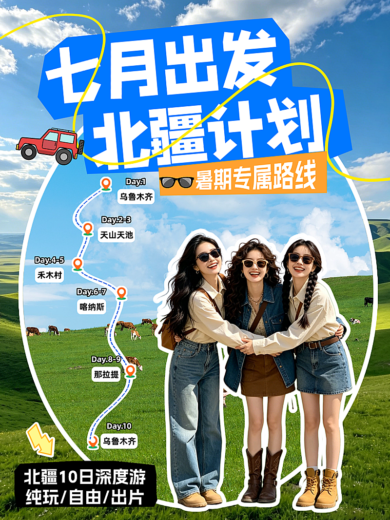 暑假七月新疆北疆出行攻略旅行团人像小红书封面
