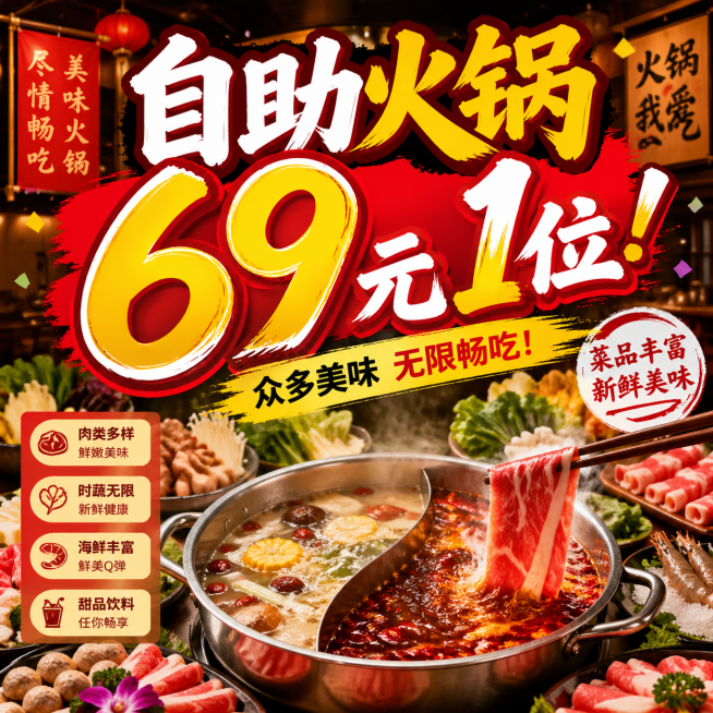 自助火锅促销海报，设计醒目文字"自助火锅69元1位"，火锅餐饮宣传风格，氛围热闹诱人预览效果