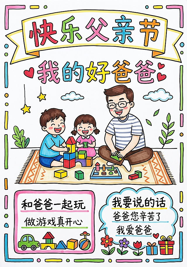父亲节手抄报，画面简单，马克笔风格，白底手绘风，手抄报包含爸爸和两个孩子一起做游戏的温馨场景，风格简单可爱适合二年级小朋友