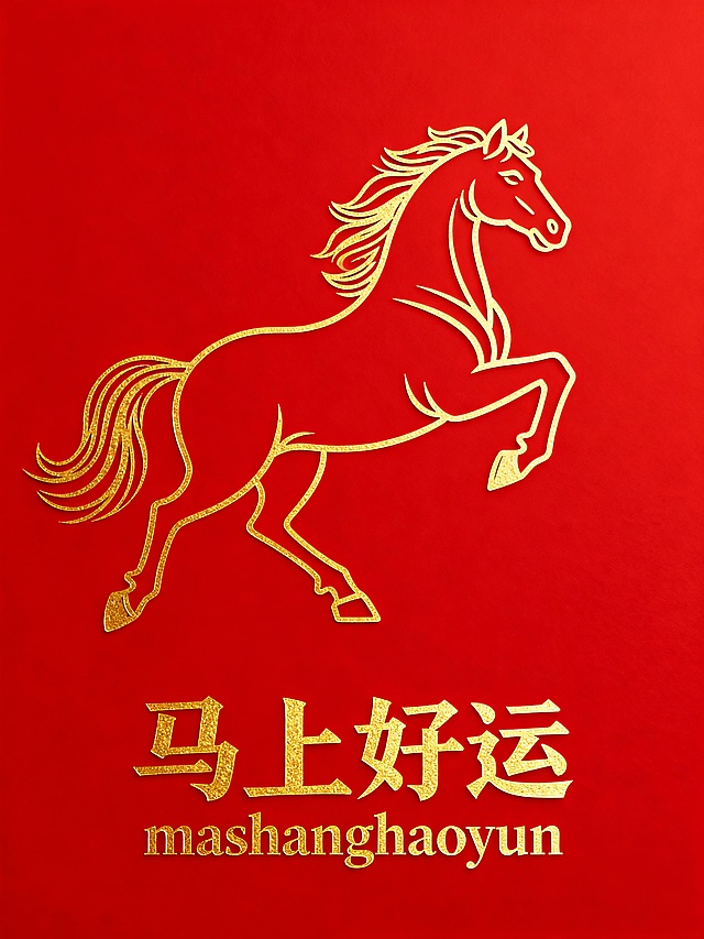 红底金马，描边剪影融合鎏金浮雕质感，中式喜庆风格，寓意马上好运，节日氛围浓厚。