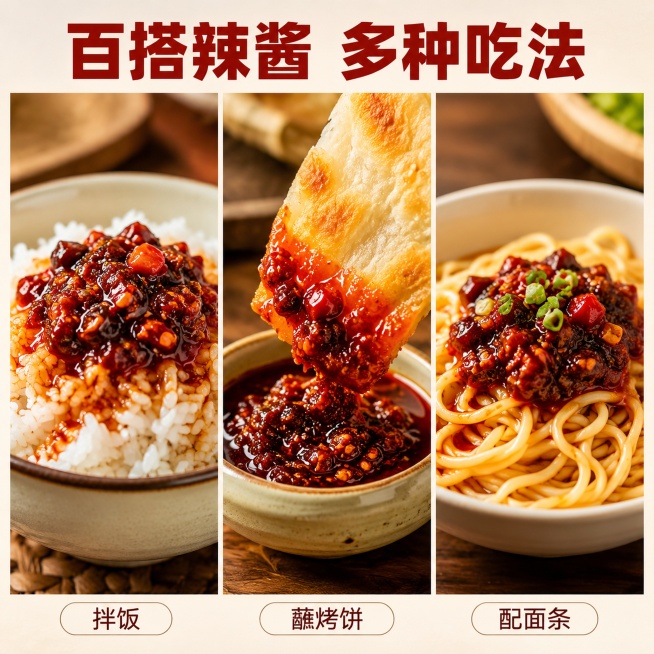 [主图-8] 鼎香坊精品辣酱多种食用场景拼图展示；
[氛围风格] 多用性展示，满足不同需求；
[画质] 统一光影风格，三张拼接自然清晰；
[elements] 画面等分成三格竖排拼图，每格展示一个食用预览效果