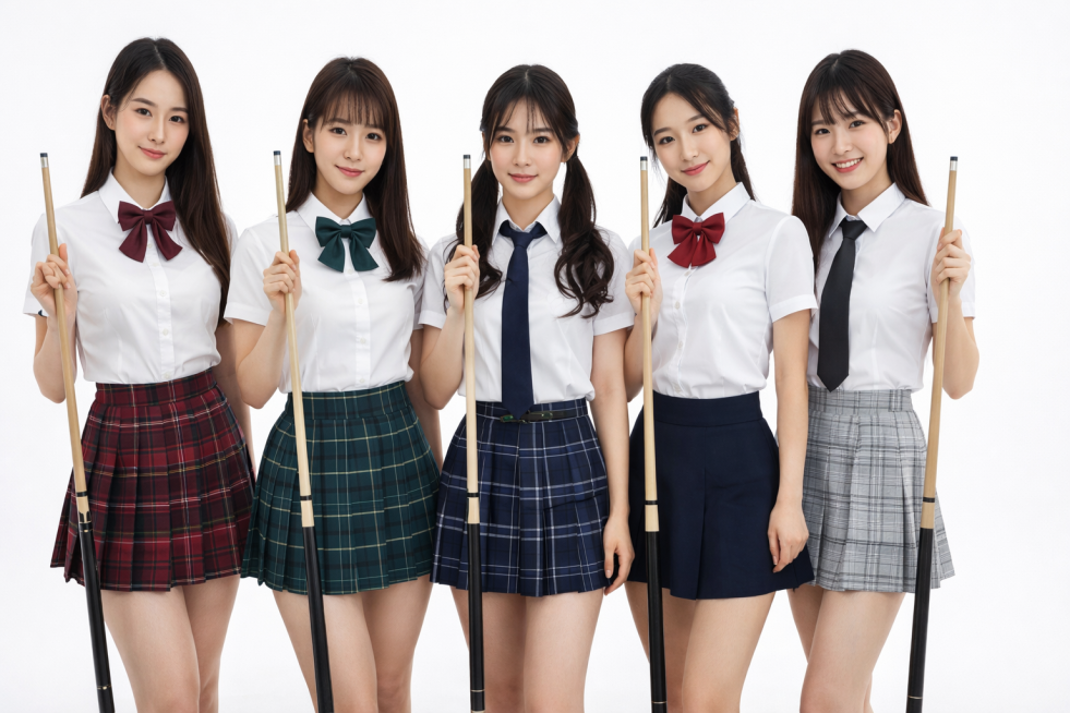 生成一张高清横图，纯白色背景，画面中有多个长相不同的真实学院风女生，都穿着短裙短袖衬衣，一起拿着台球杆，真实人像，写实质感，无漫画感，高清摄影画质预览效果