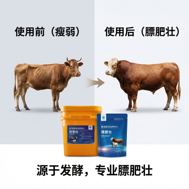 基于提供的膘肥壮产品，生成第四张抖音电商主图，采用对比展示，左侧使用使用膘肥壮前偏瘦的牛，右侧使用使用膘肥壮后健壮的牛，产品包装放置下方居中，背景简约干净，文案直观对比，文字不遮挡主体，风格与前几张保预览效果