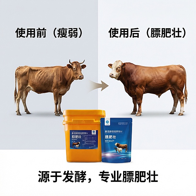 基于提供的膘肥壮产品，生成第四张抖音电商主图，采用对比展示，左侧使用使用膘肥壮前偏瘦的牛，右侧使用使用膘肥壮后健壮的牛，产品包装放置下方居中，背景简约干净，文案直观对比，文字不遮挡主体，风格与前几张保持统一简约。