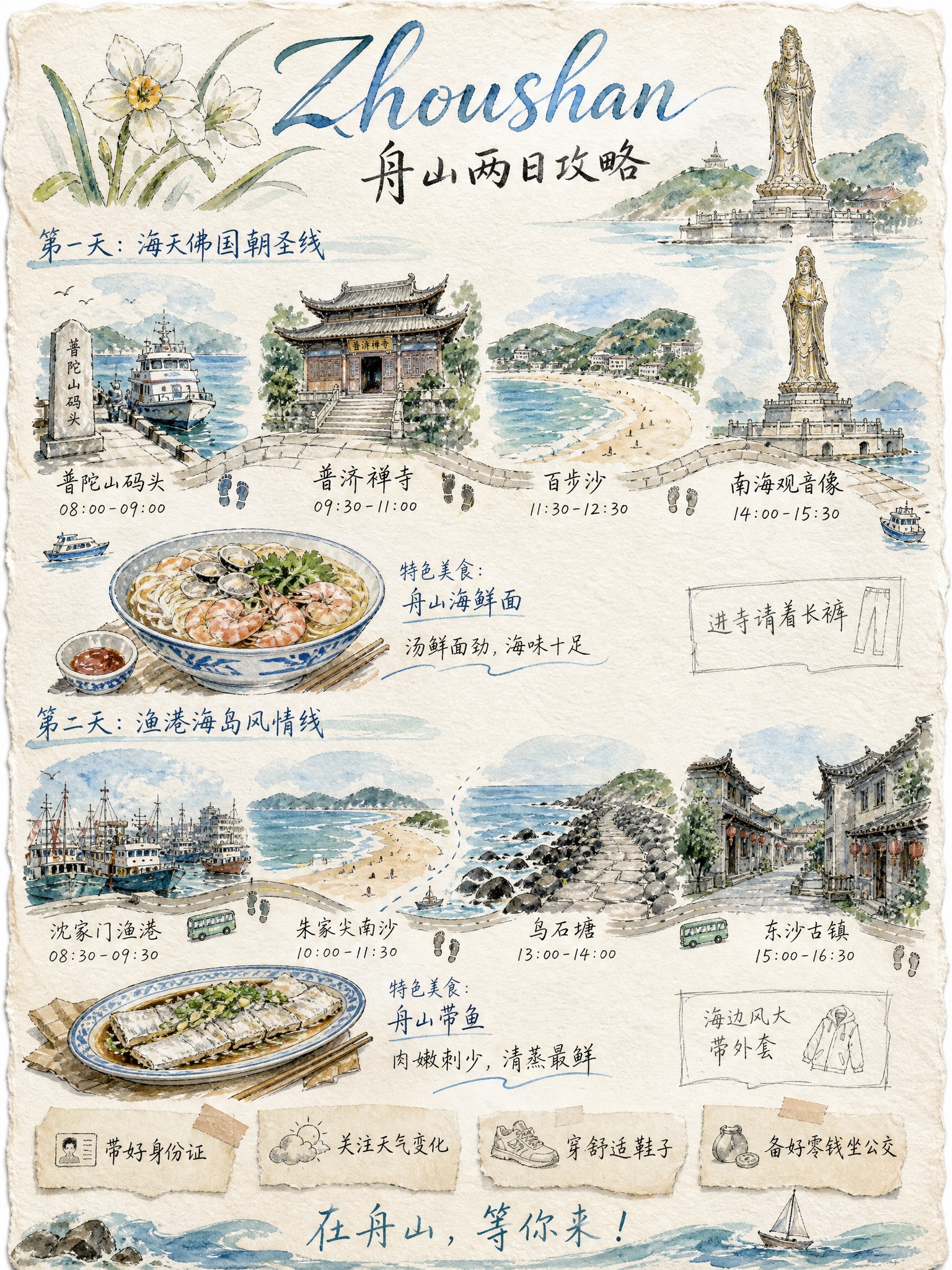 纯手绘水彩风格旅行手帐卡片，竖屏3:4比例，米白毛边纸纹理背景… - 图片创意预览