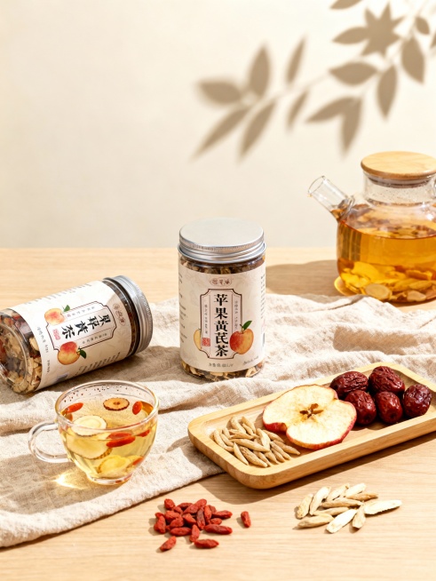 高端电商商业摄影作品，采用浅色背景与浅原木质桌面搭配亚麻布，营造温暖、健康的氛围。中心画面以苹果黄芪茶产品（罐装）为视觉中心，体现产品立体感。

前景布局（左侧）：
透明玻璃小茶杯置于画面左下前景，盛预览效果