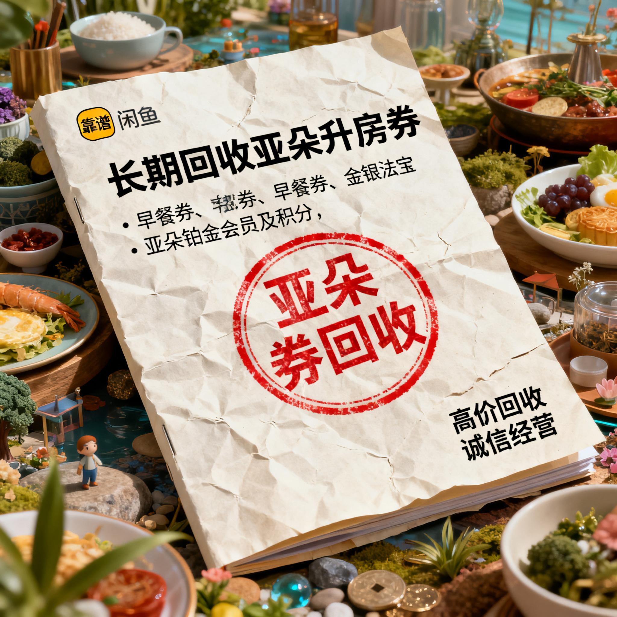 写实摄影风格，ins清新风闲鱼大字封面，主题为长期回收亚朵升房… - 图片创意预览